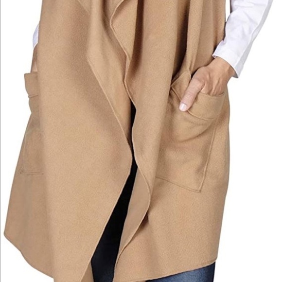 Le Moda Open Front Fleece Vest Cardigan Long Line Camel Soft Pockets Lagenlook - Picture 12 of 14